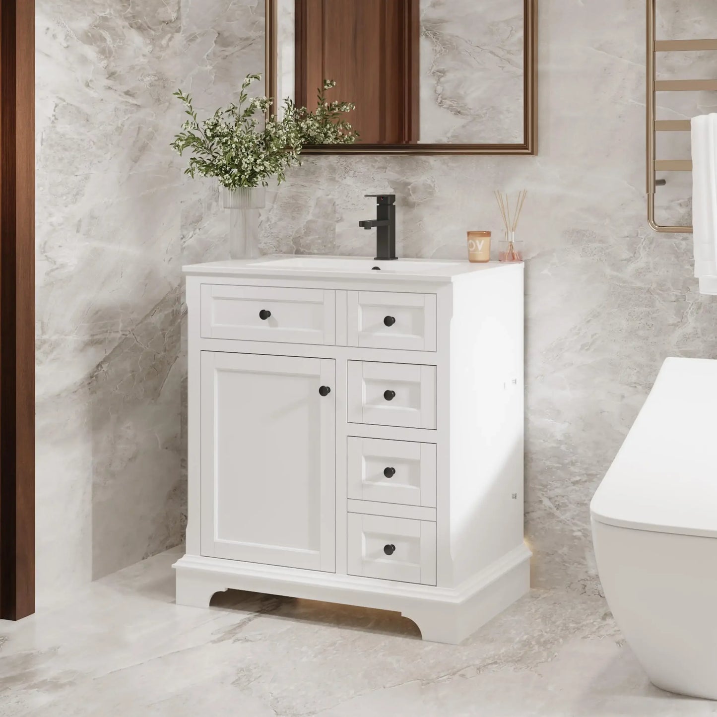 24" 30" 36" Painted Surface Raised Arch Feet Soft Closing Doors Vintage Bathroom Vanity Storage Cabinet with Sink