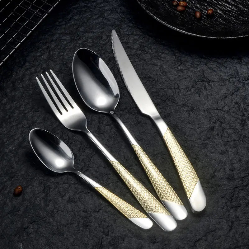 Pioggia Stainless Steel Cutlery Set For Four Person Everyday Dining With Silver Gold Coating And Mirror Bullion Finish