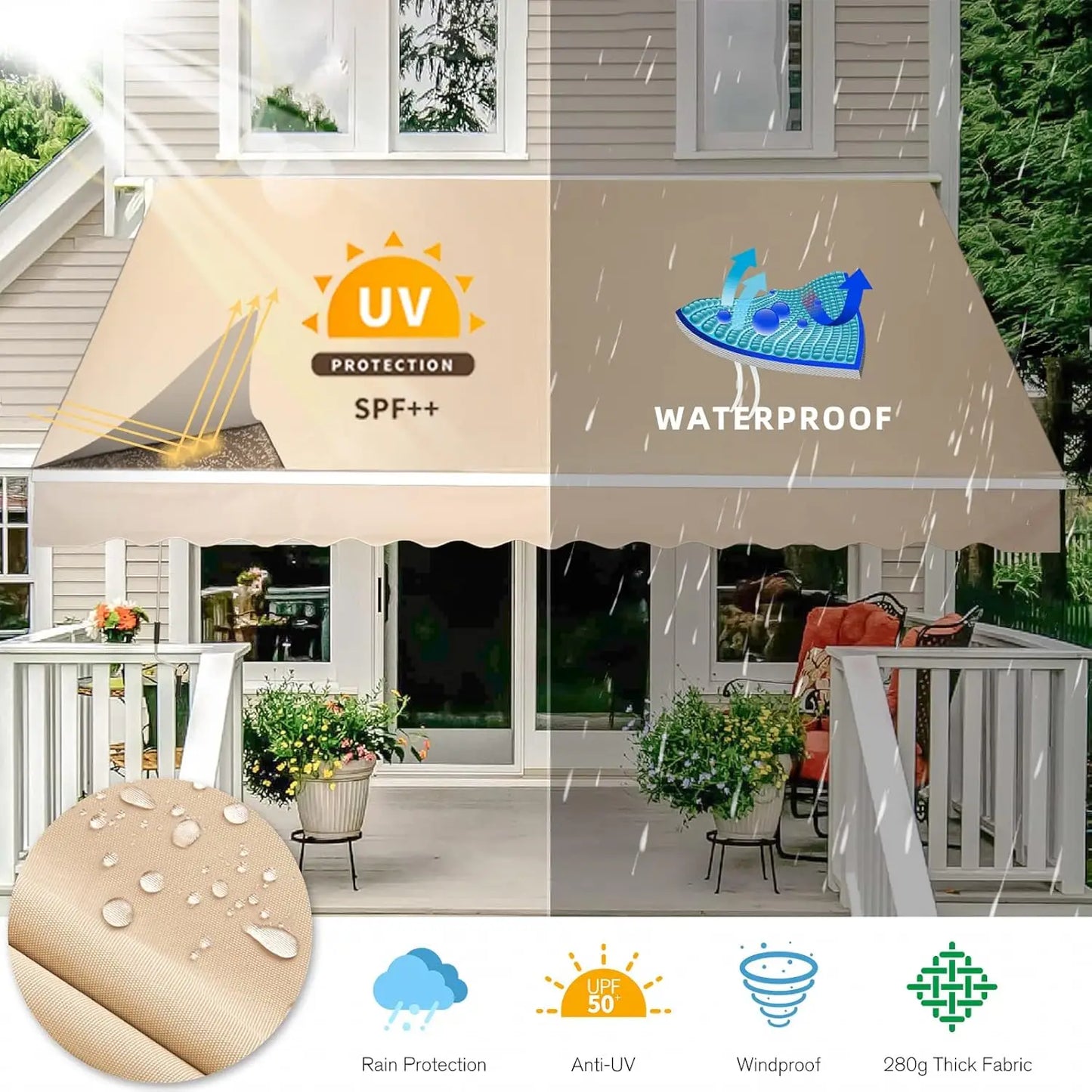 Retractable Patio Awning Shade Canopy 13x10 Ft 280GSM Oxford Polyester UPF50 UV Protection Windproof