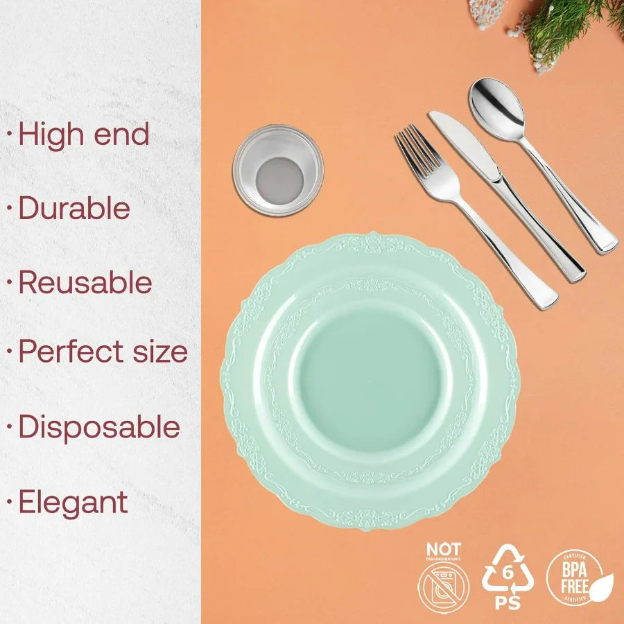 360 Piece Turquoise Plastic Dinnerware Set for 60 Guests, Includes Plastic Plates, Silverware Set, Clear Cups, Disposable Plates