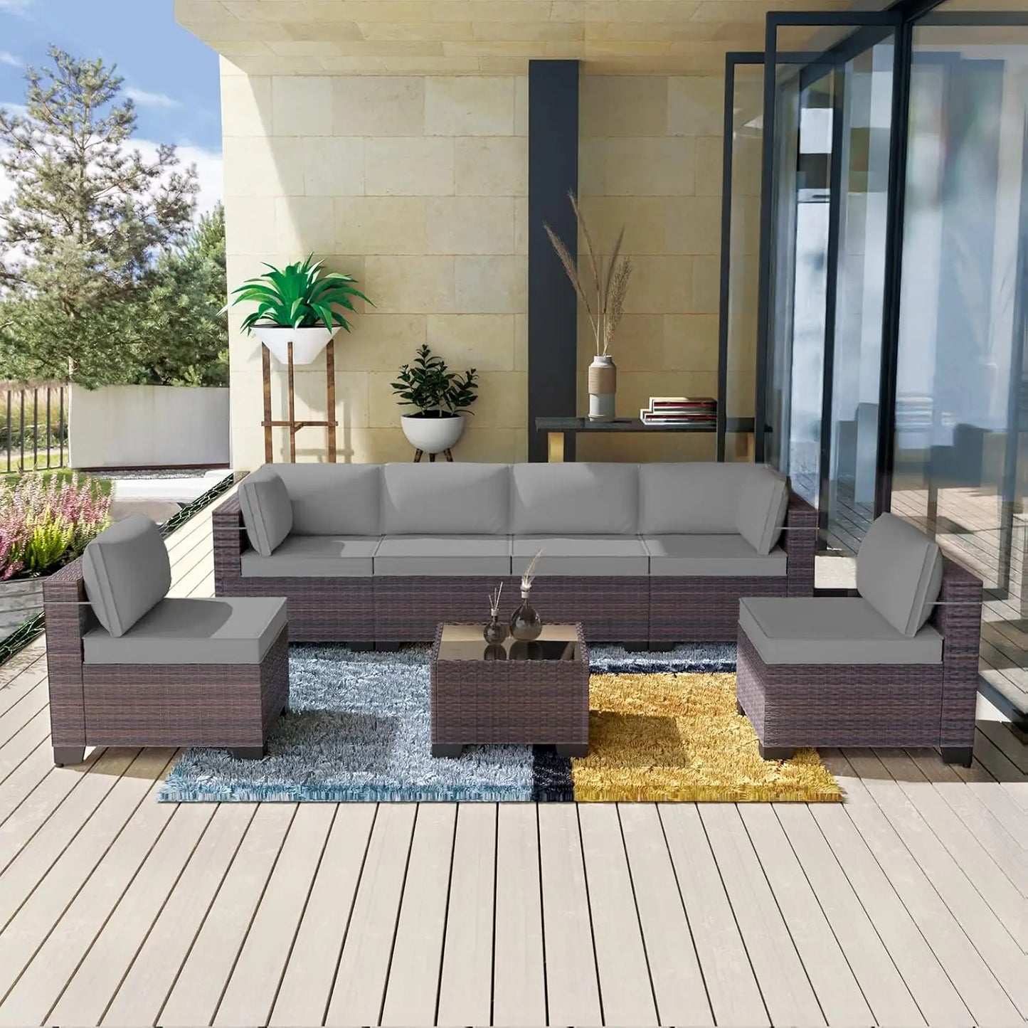 7 Pieces Outdoor Patio Furniture Set,Sectional Rattan Sofa Set Brown PE Rattan Wicker Patio Conversation Set with, Customized