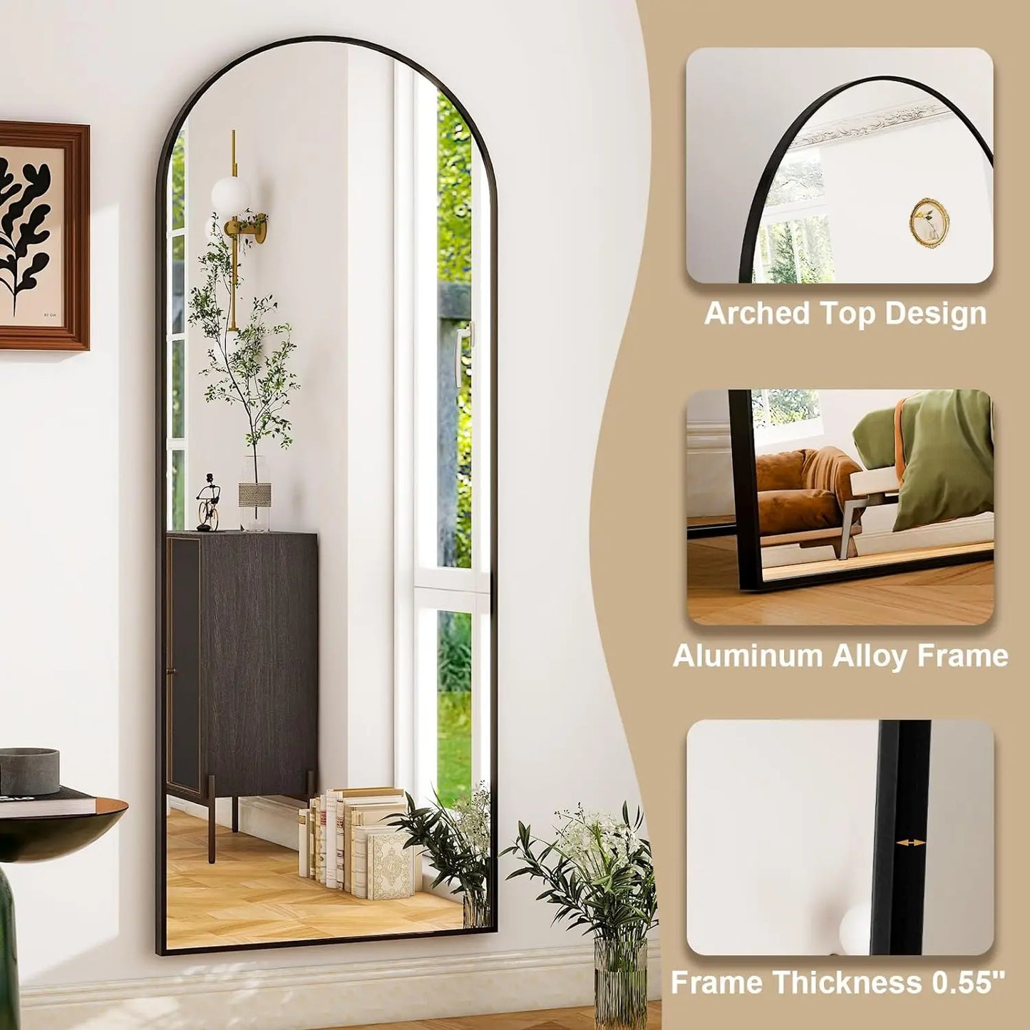 HARRITPURE Full Body Floor Mirror With Modern Aluminum Frame Freestanding Leaning Or Vertical Mount