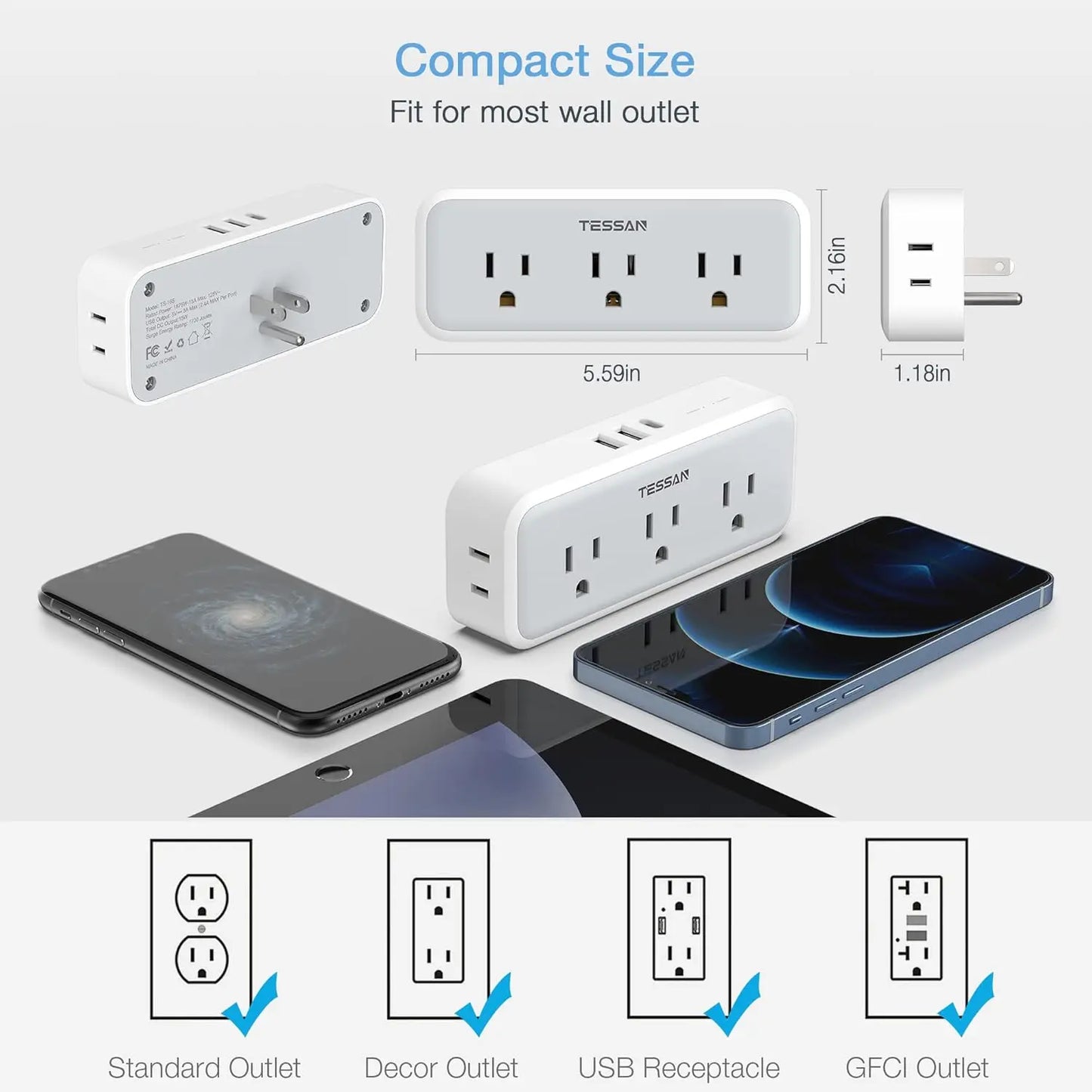 TESSAN 8-in-1 Ultra-Compact Power-Saving Wall Outlet Surge-Protector 5-Outlets USB
