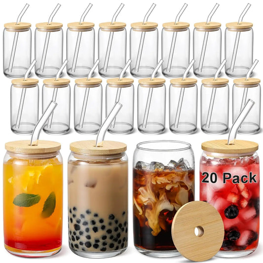20 Piece Beer Shaped Glass Tumblers Set With Bamboo Lids And Straws 16 Oz Eco Friendly Bundle