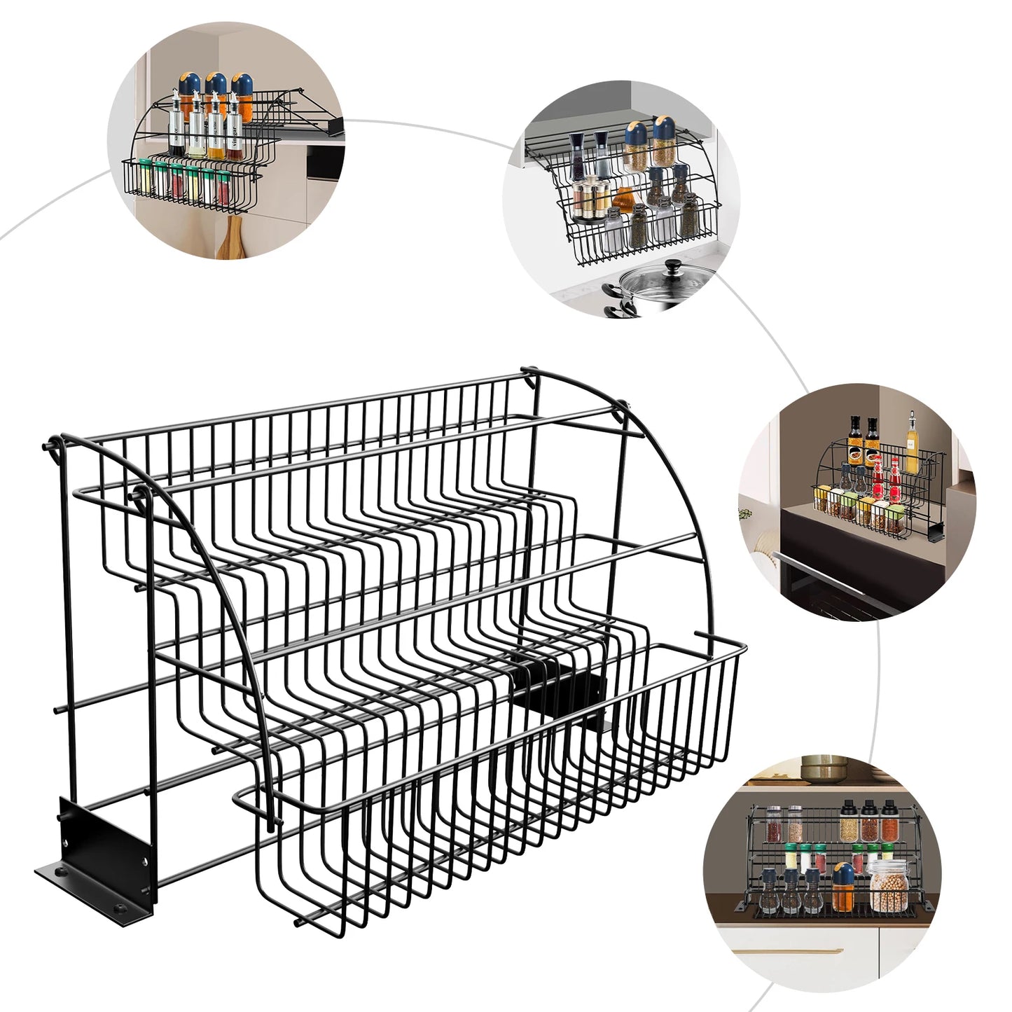 3-Layer Pull-Down Cabinet Metal Storage Rack with Expandable Spice Rack, Large Capacity for Kitchen, Bedroom, And Office Use