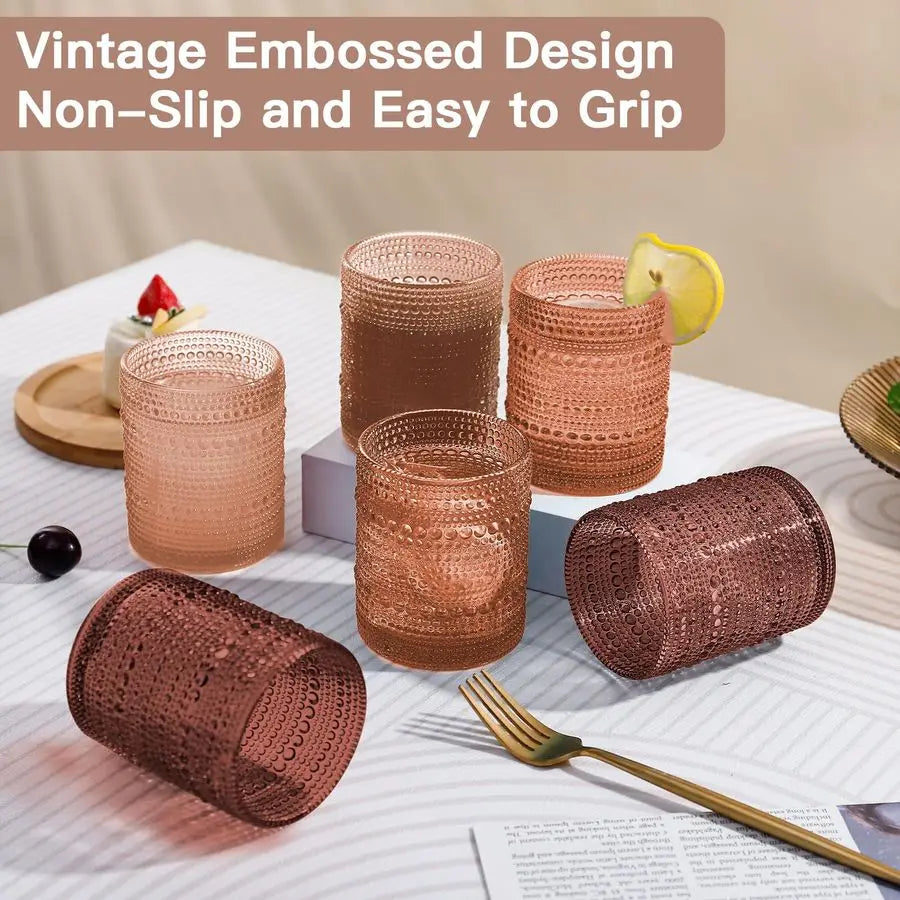 Vintage Hobnail Drinking Glasses Set of 6, Embossed Water Tumbler 12oz, Kitchen amp Bar Beaded Glass Cups, Beverage Glass Cups f