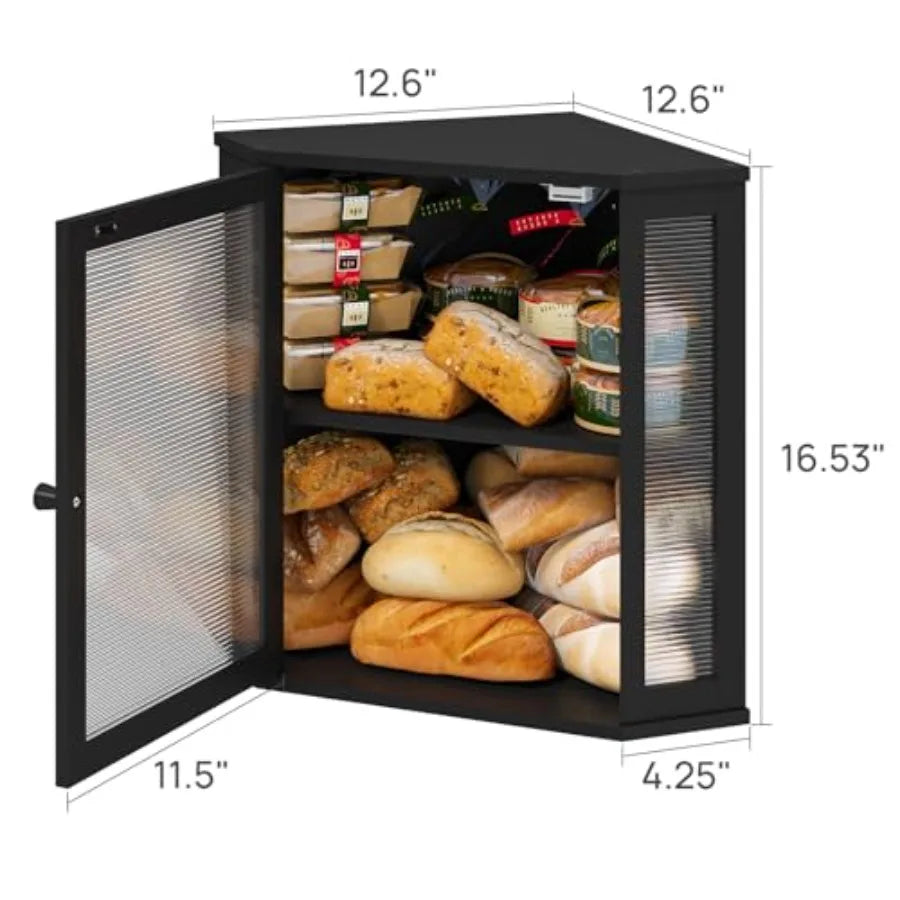 Corner Bread Box Bamboo Wood With Acrylic Wavy Door For Space Saving Kitchen Organization