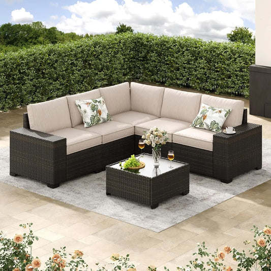 6-Piece Patio Furniture Set, All-Weather Outdoor Wicker Sectional Sofa with Cushions, Glass Table & Left and Right, Customized