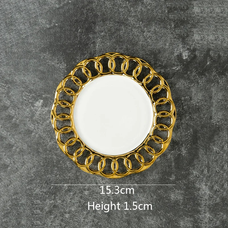 Gold Plated Hollow Out Ceramic Plate For Dining Table