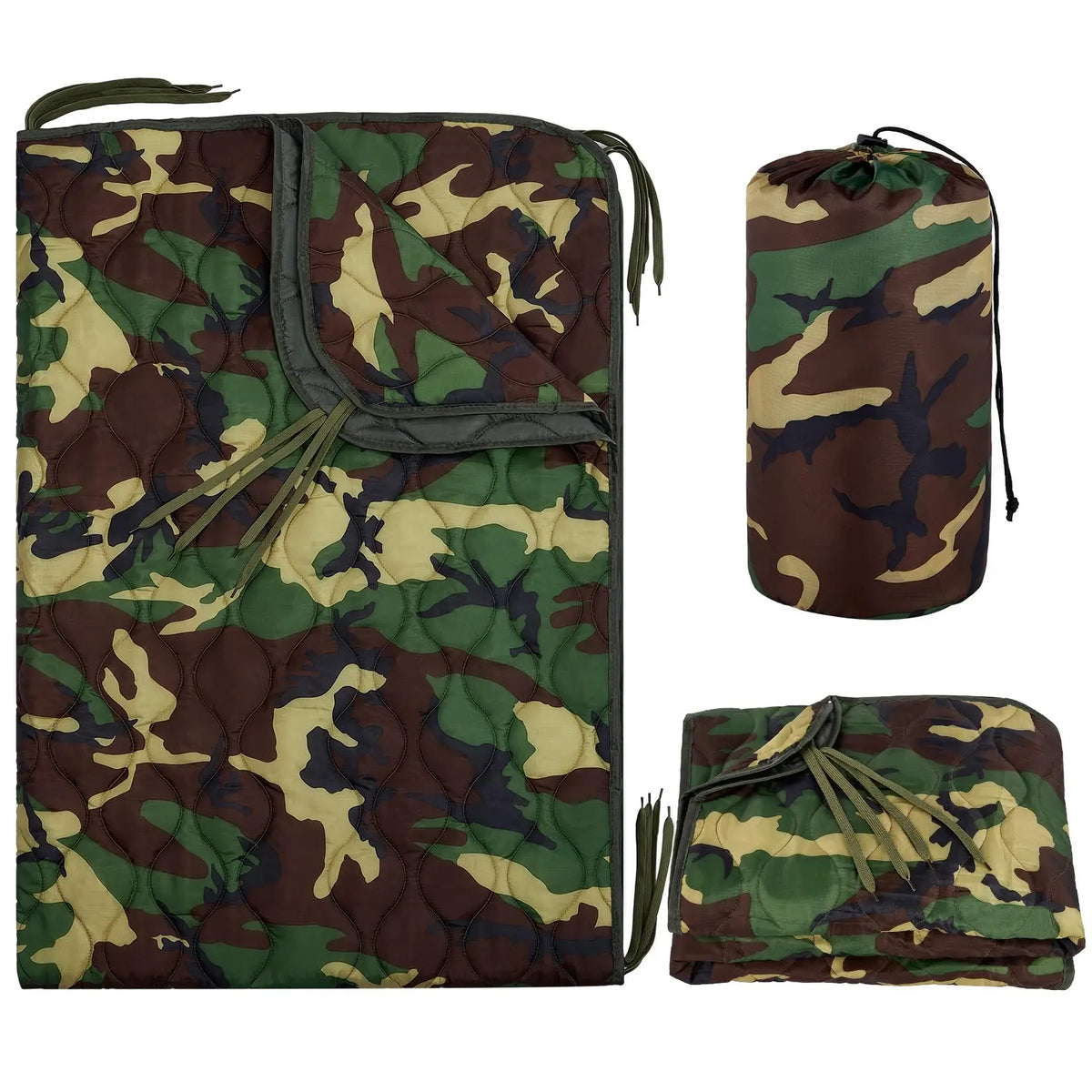 Portable Quilted Camping Blanket Green Camo Survival Poncho Liner】【。