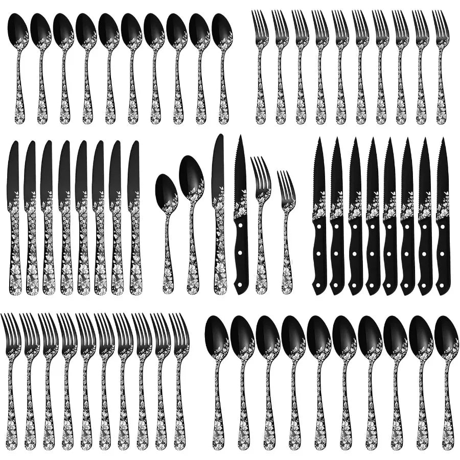 48Piece Black Silverware Set with Steak Knives Stainless Steel Cutlery Flatware Set for 8 Utensil Sets Include Forks Spoons and