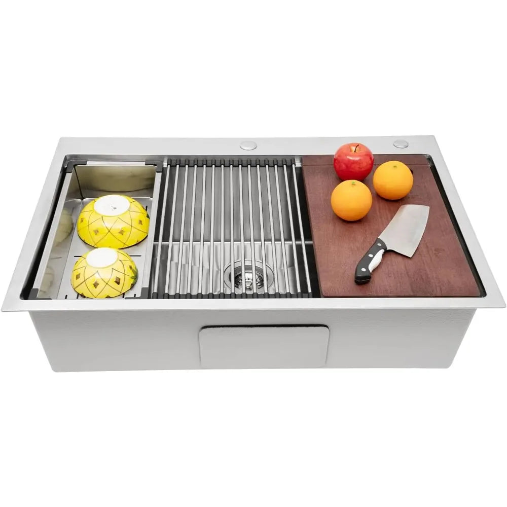 Stainless Steel Kitchen Sink, Built-in Sink 31 X 18 X 9 Inches Single Sink with Cutting Board, Holder and Strainer