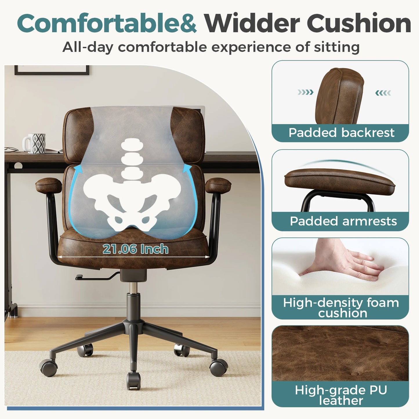 JHKErgonomics PU Leatherette Ergonomic Office Chair With Lumbar Support Adjustable