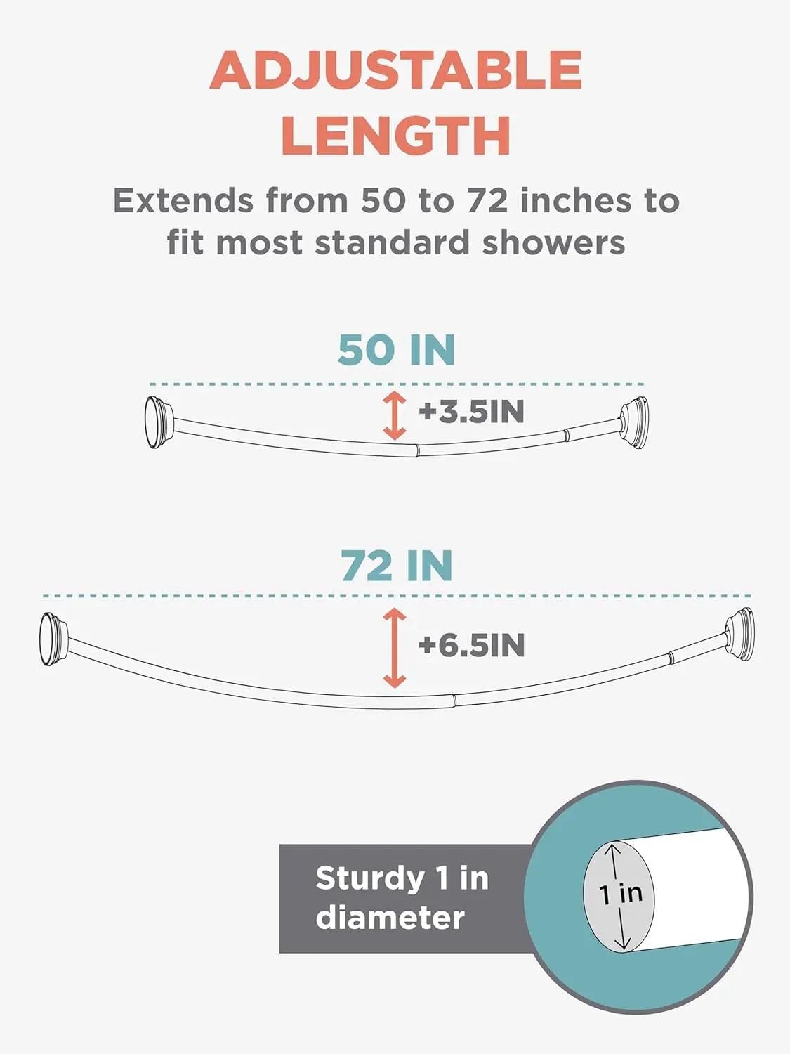 Curved No Drill Tension Shower Rod Rustproof For Bathroom Adds 6.5 Inches Of Interior Space Adjusts 50 To 72 Inches