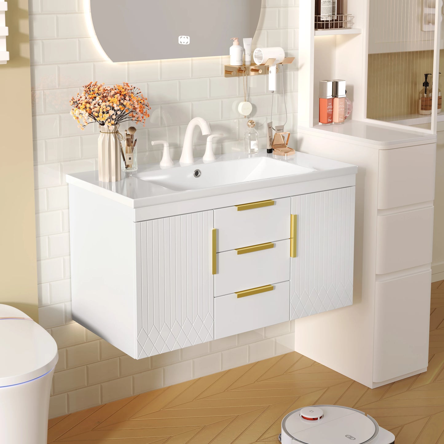 SH.KL 36'' Wall Mounted Bathroom Vanity, Bathroom Floating Vanity with Sink Combo, Storage Cabinet with 2 Drawers, Metal Handles