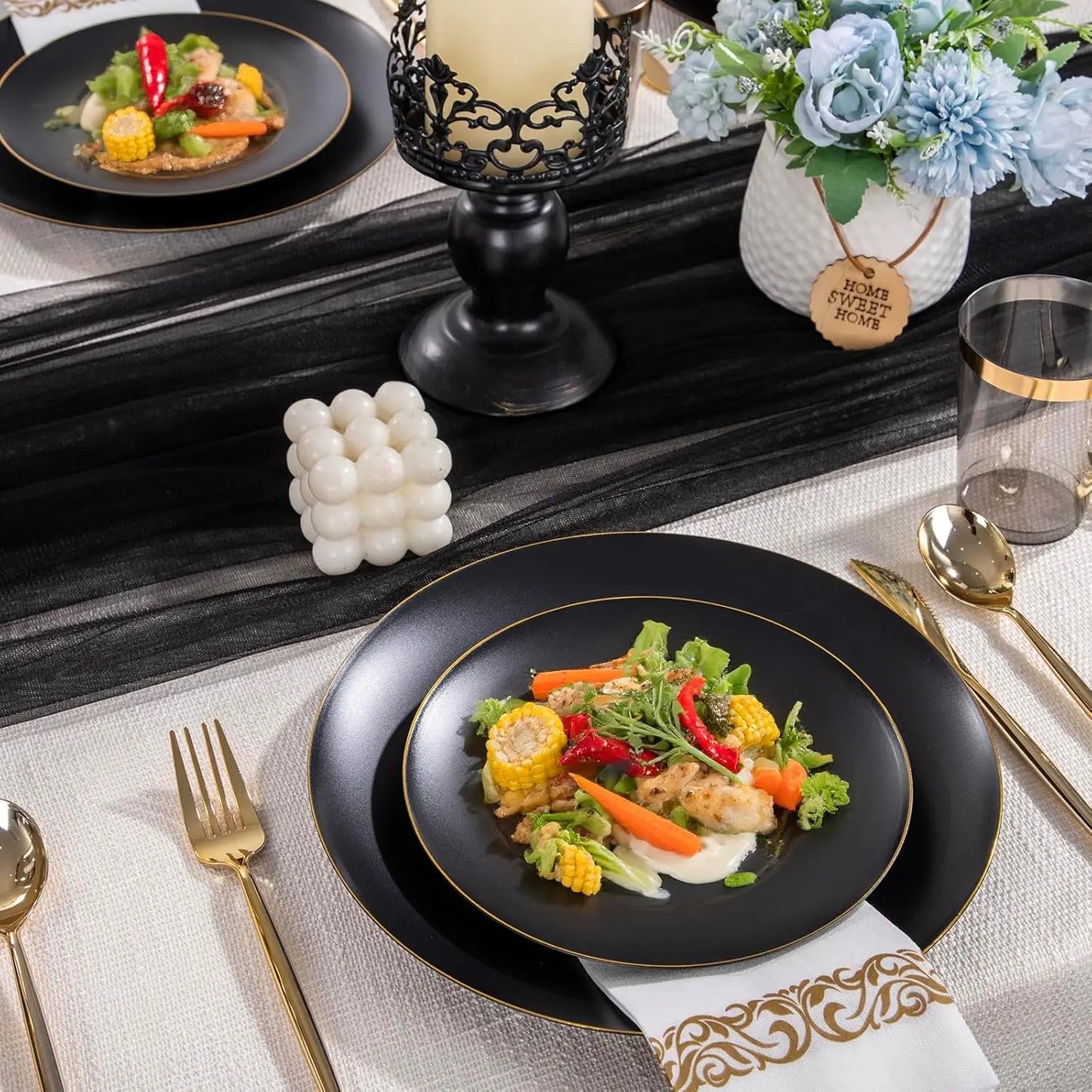 350Pcs Black Gold Matte Disposable Dinnerware Set for Parties, Includes Plates, Silverware, Napkins, Cups