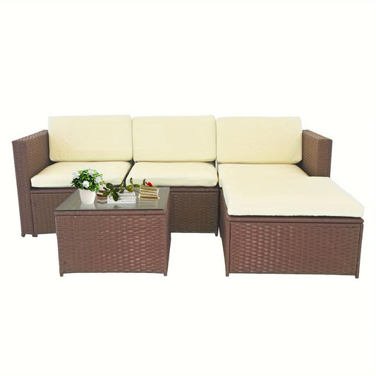 5 Piece Patio Furniture Set With Cushions, Outdoor Conversation Set With Rattan 3-SeaterSofa, Chairs & Footstools For Backyard
