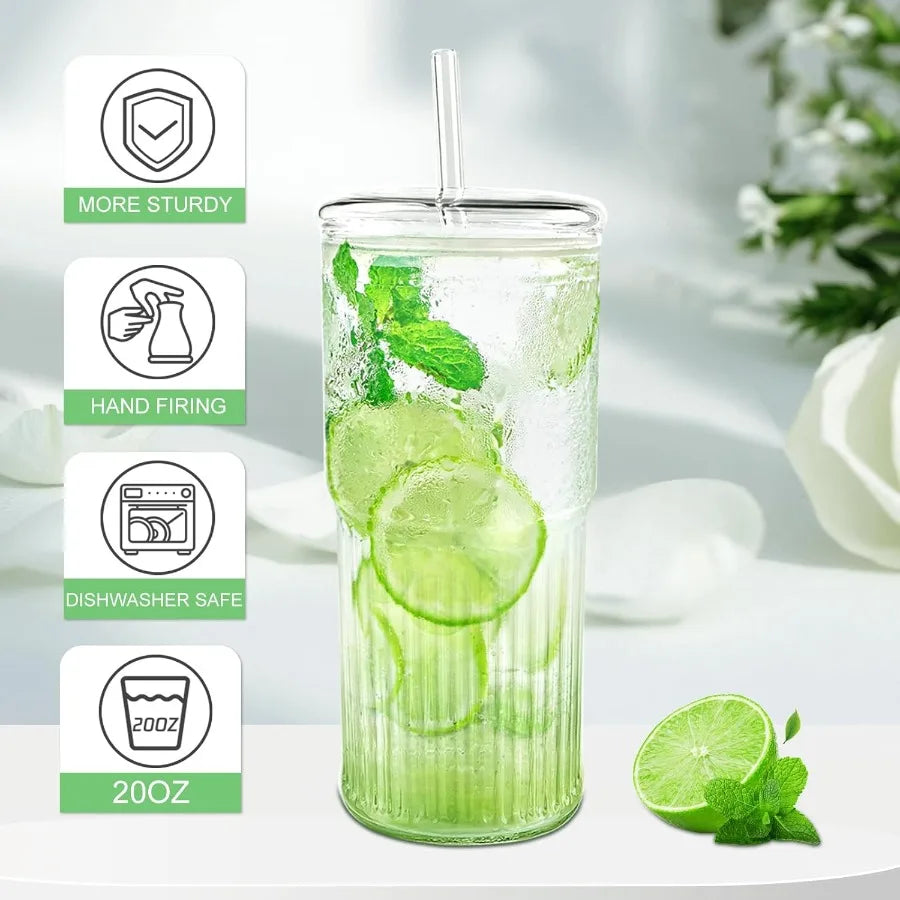 High Borosilicate Glass Cups With Lids And Glass Straws For Tumblers Ideal For Coffee Tea Juice Smoothies And Hot Drinks