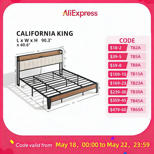 Likimio Bed Frame With Storage Headboard And Charging Station With USB Ports And Outlets With Heavy Duty Metal Slats
