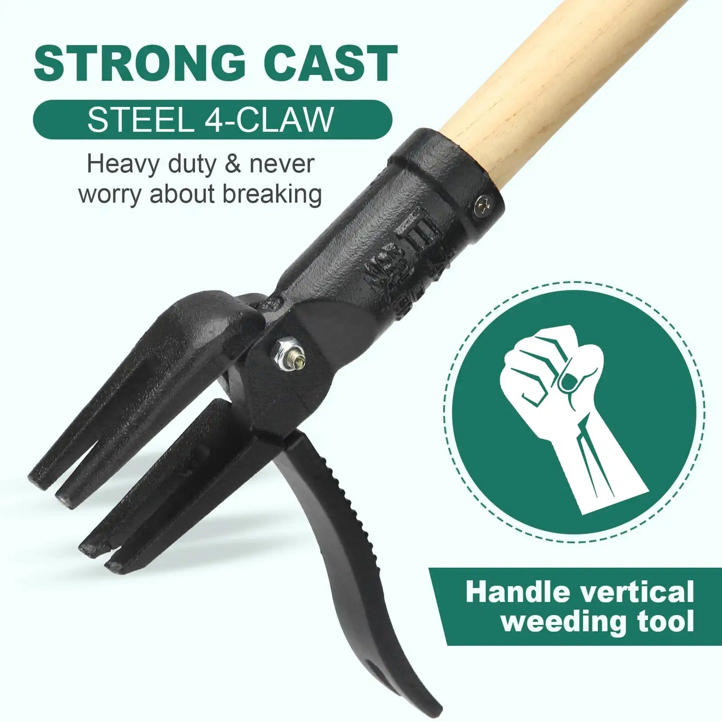 Stainless Steel Stand Up Weed Puller With Wood Handle Four Claw For Lawn And Garden