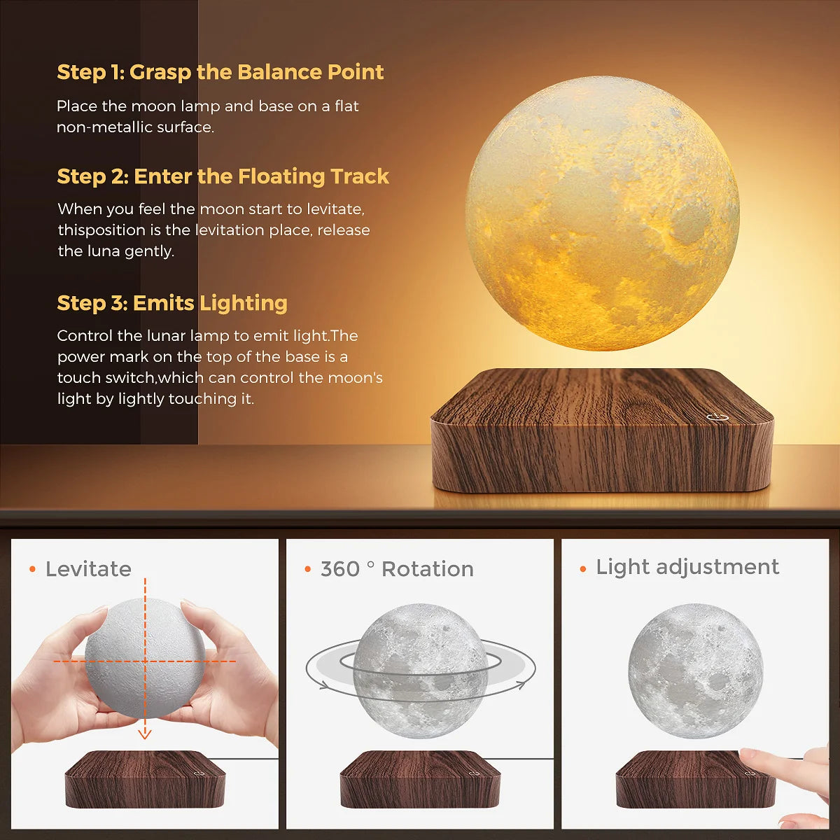 Mexllex Magnetic Floating Moonlight Lamp With Premium Carved Walnut LEDIlluminated
