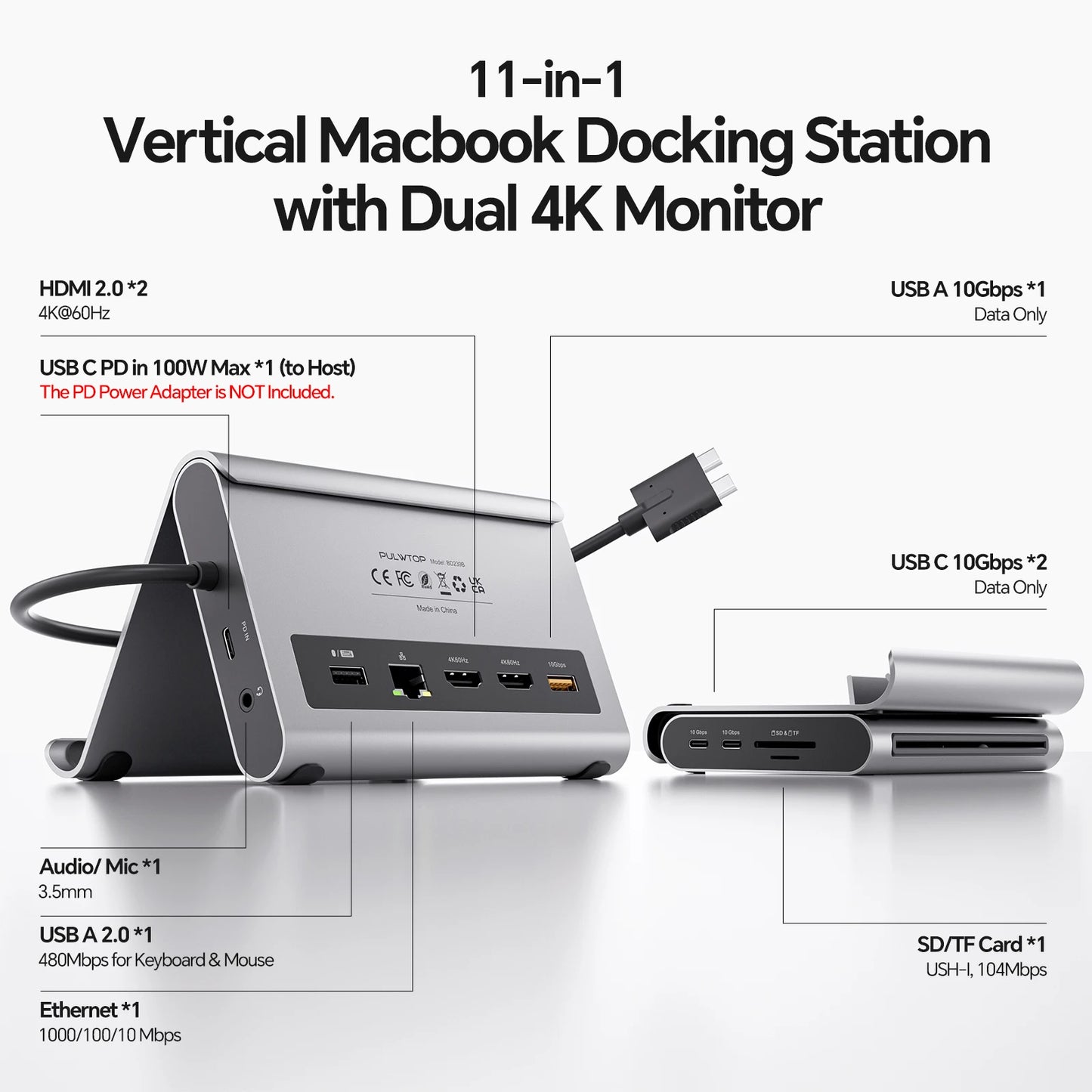 PULWTOP USB C Docking Station 11 In 1 With Dual 4K HDMI 60Hz Outputs 2 USB C 10Gbps Ports And Power Delivery