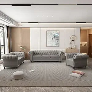 DAFIFY Velvet Chesterfield Living Room Set With Nailhead Three Piece Sofa Loveseat Chair