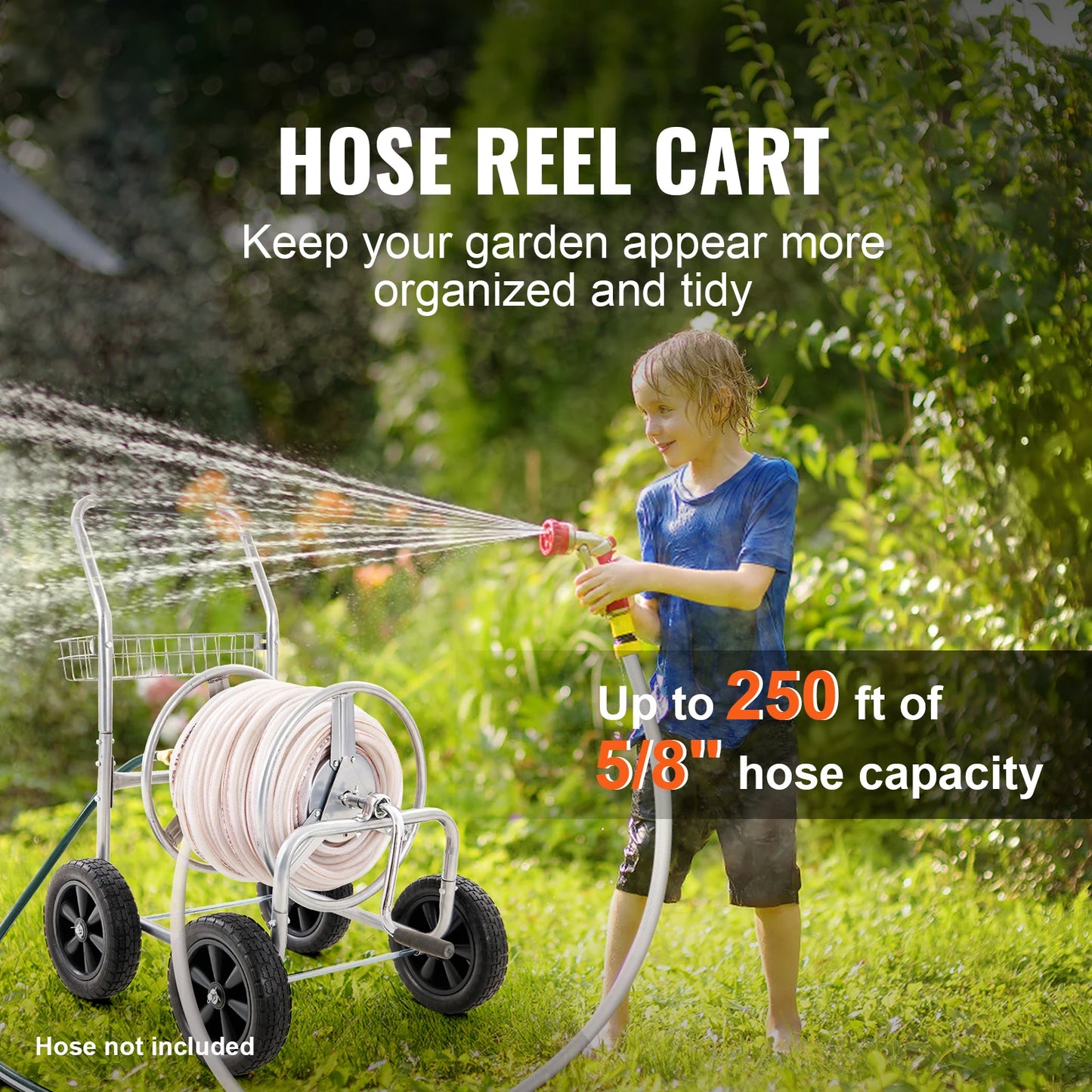 Heavy Duty Hose Reel Cart With Basket For 250 Ft Metal Garden Hose Carrier Durable Steel Frame