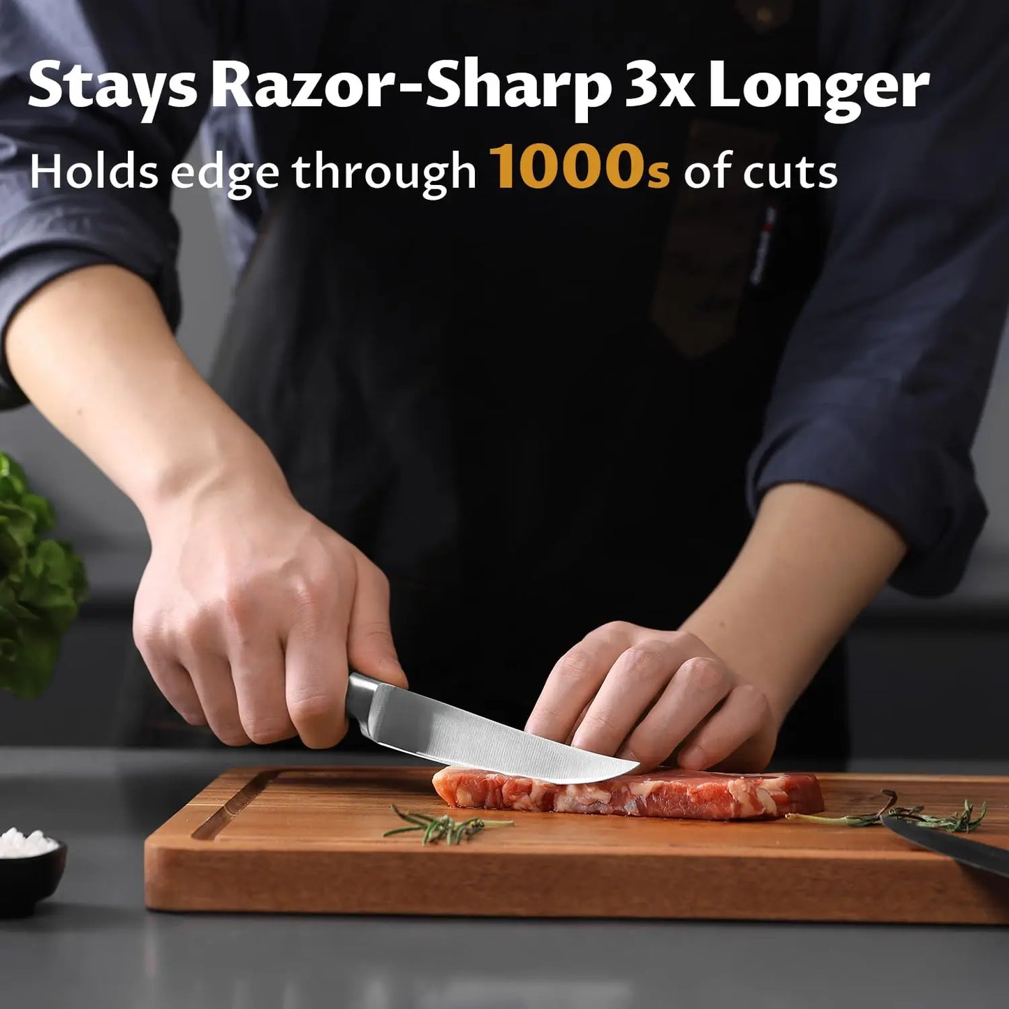 Steak Knife Set Of 8 With Beech Block Durable German Non Serrated Stainless Steel Knives For Kitchen