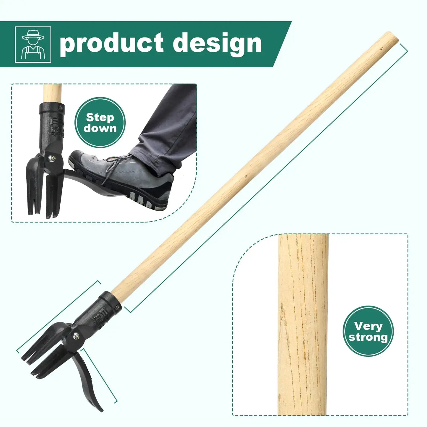 Stainless Steel Stand Up Weed Puller With Wood Handle Four Claw For Lawn And Garden