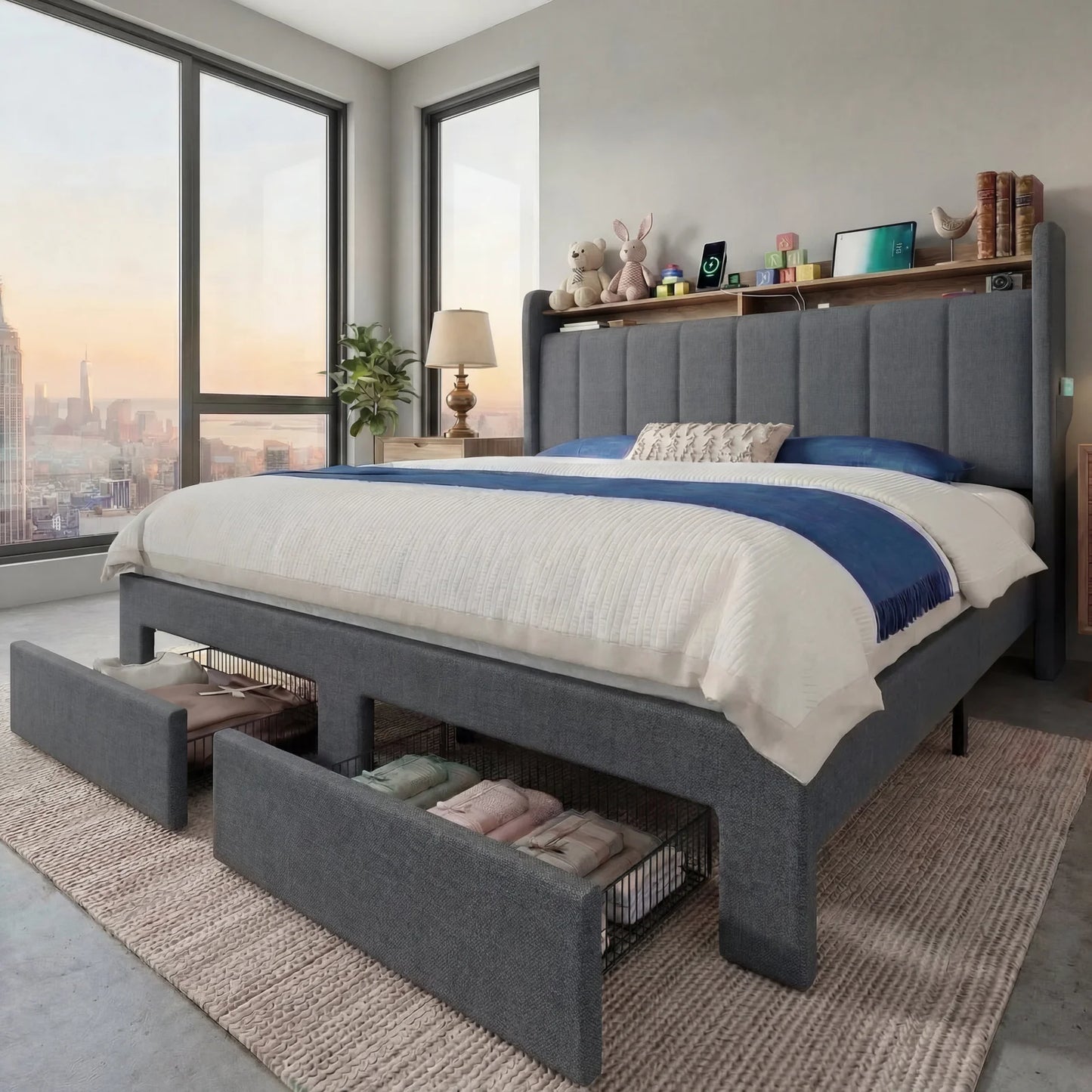 Hoomic Bed Frame With LED Lights And Charging Station Two Storage Drawers And Headboard Shelves