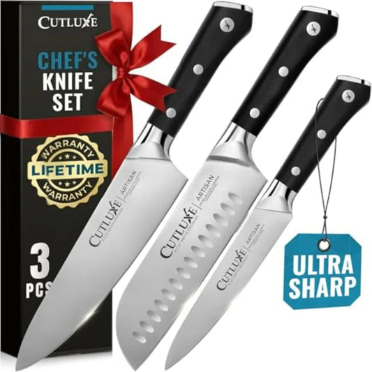 Chef Knife Set 3 Piece Professional Razor Sharp German Steel Full Tang Ergonomic Handles Artisan Series