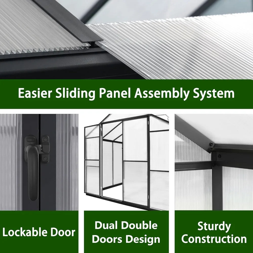 Outdoor AluminumAlloy Greenhouse Kit With Adjustable Roof Vent PolycarbonatePanels