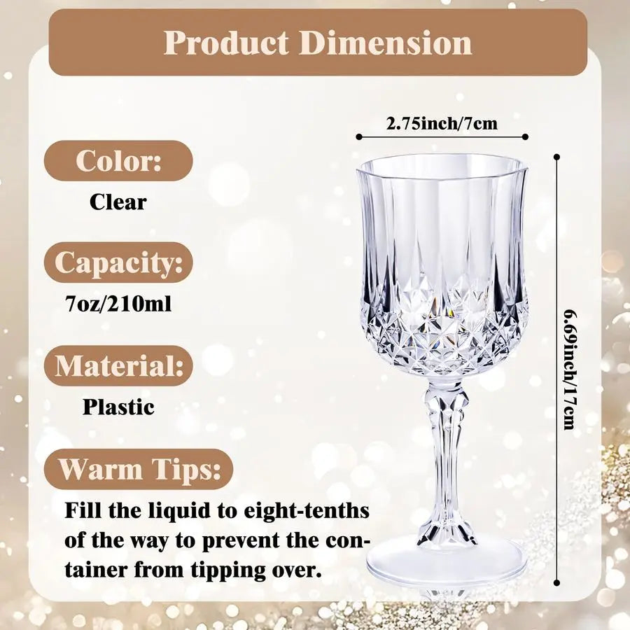 Plastic Wine Glasses 24 Piece Set Disposable Stemmed Goblets With Crystal Like Diamond Pattern 7 Oz