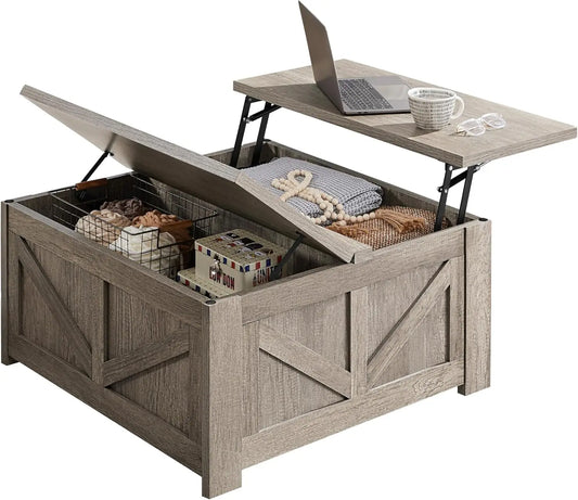 Lift Top Coffee Table with Hidden Storage, Square Farmhouse Design for Living Room and Home Office in Gray