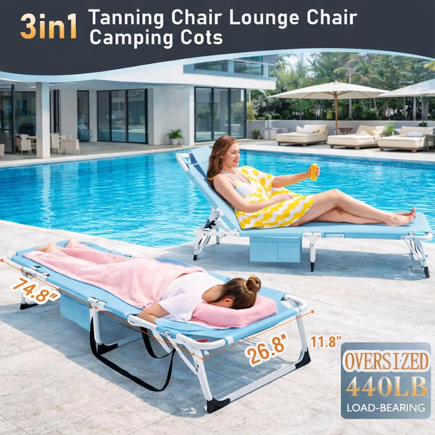 4-In-1 Outdoor Lounge Chair With Face Holes For Tanning Heavy-Duty Recliner Weather-Resistant For Poolside And RV