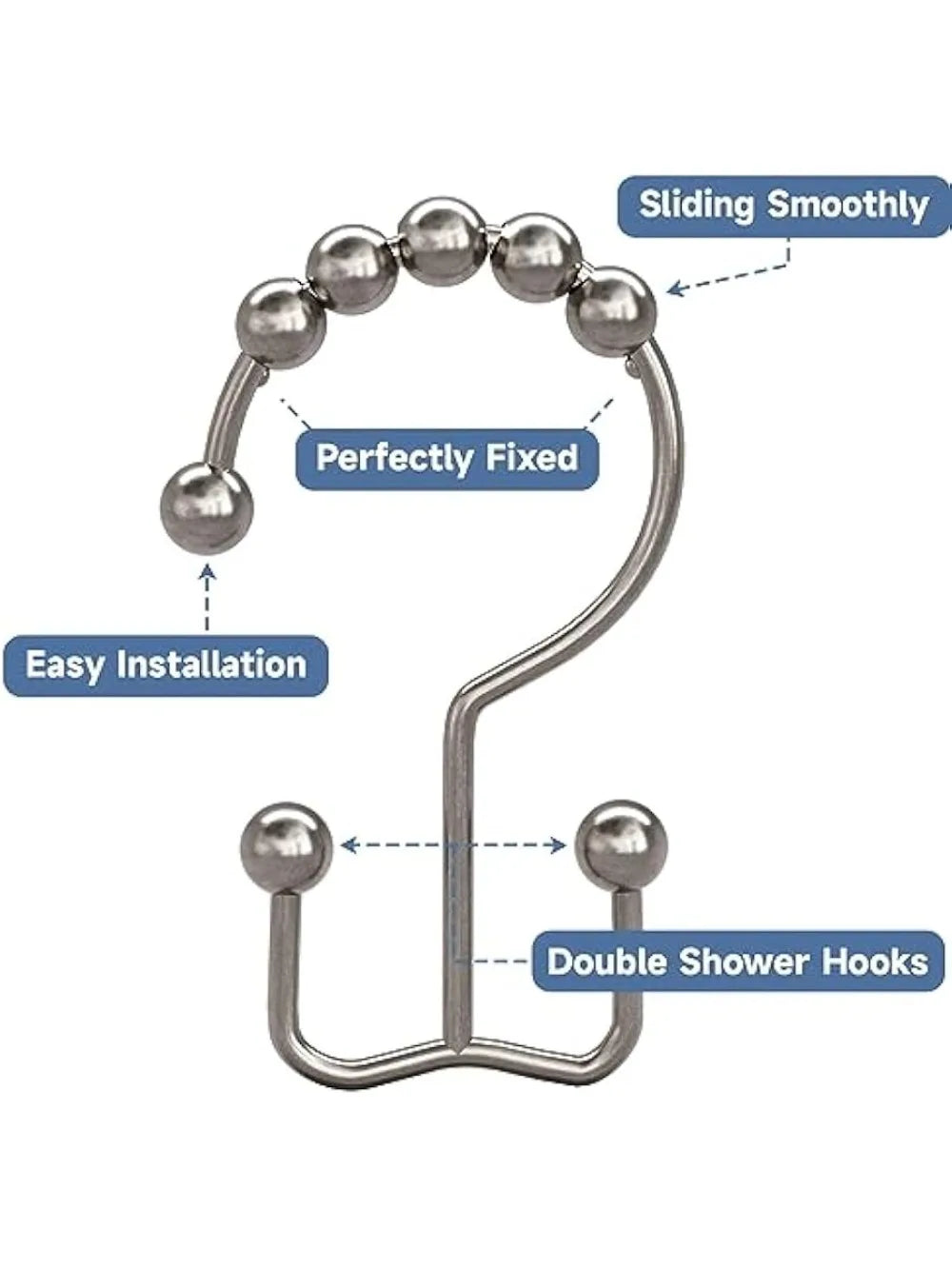 Metal Shower Curtain Hooks With Double Glide Roller Bearings Rust Resistant Nickel Finish