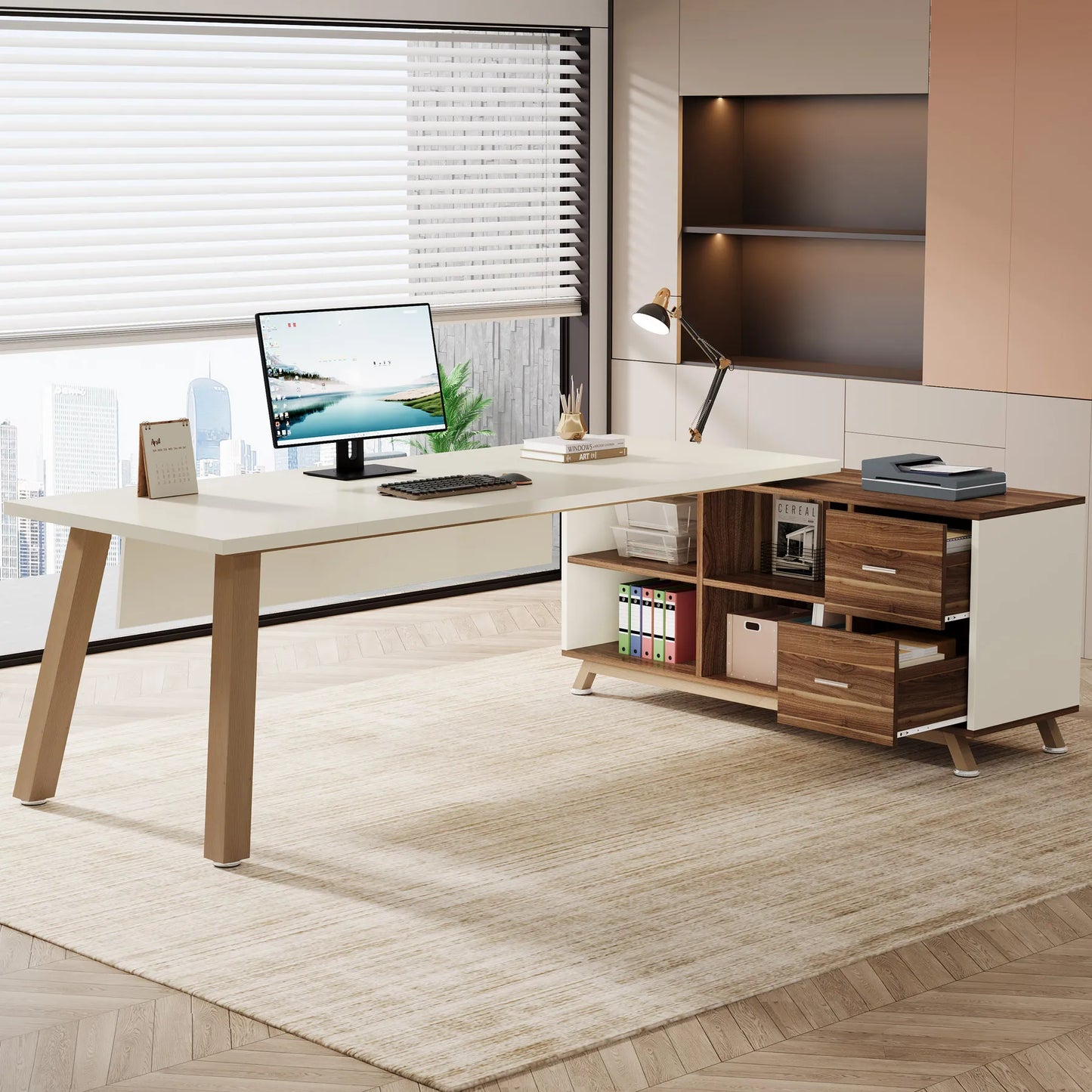 Tribesigns Executive L-Shaped Desk With Cabinet And Storage Shelves