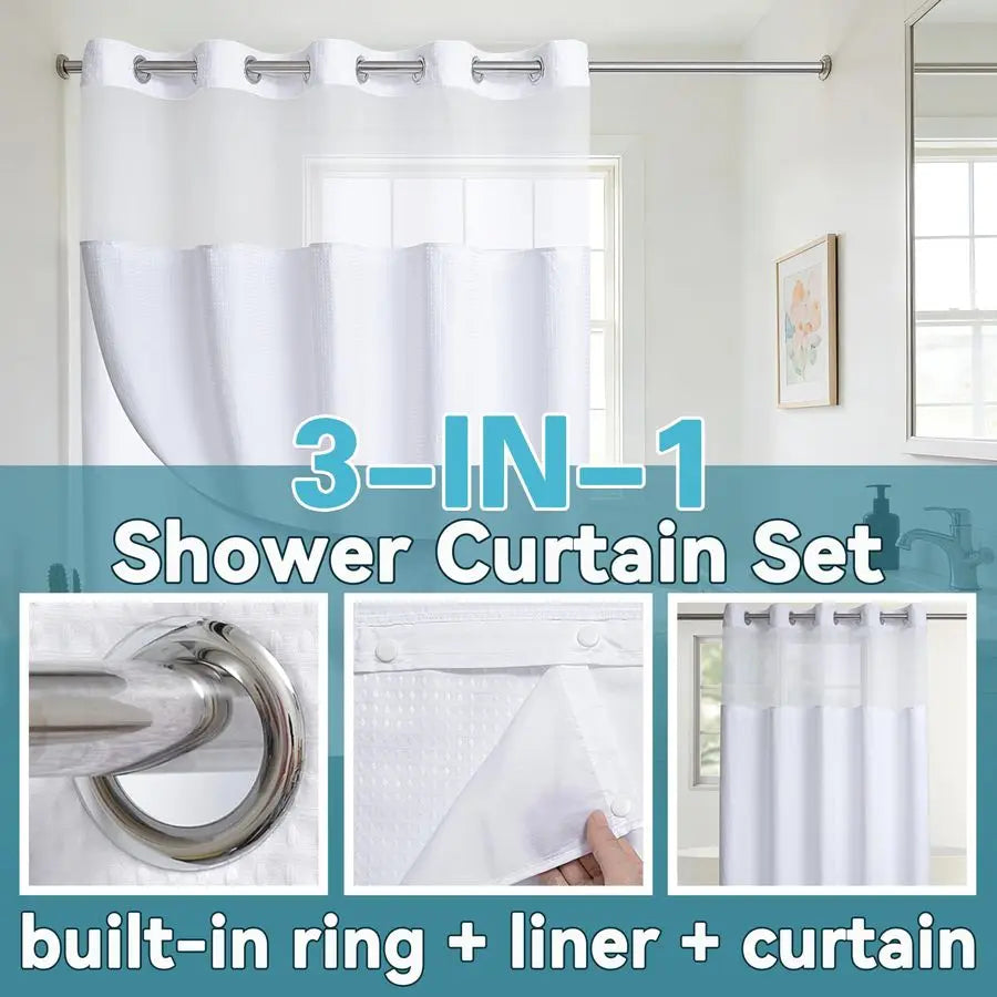 Wide Waffle Weave Shower Curtain With Snap In Liner Set With Easy Mount Flex On Rings For Fast Installation