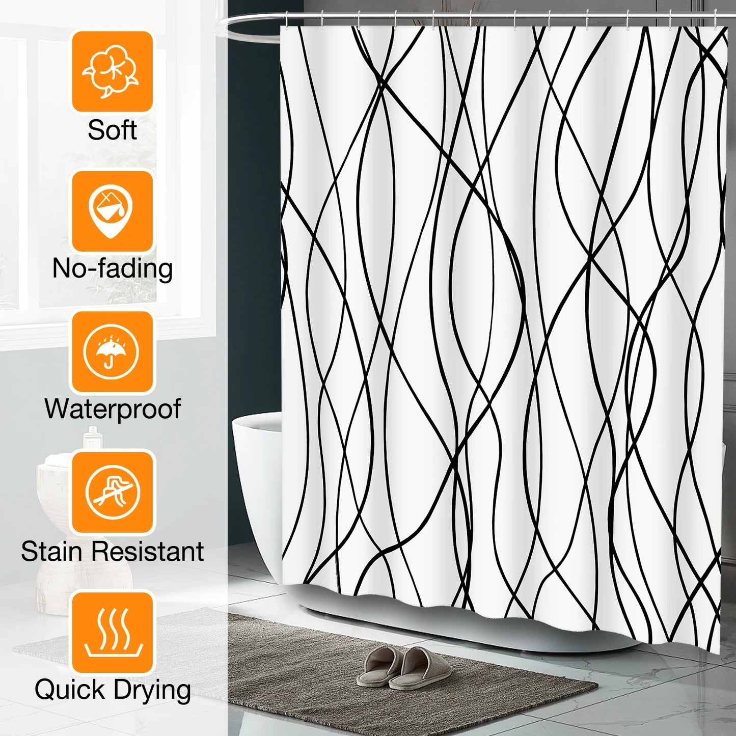 Striped Wavy Line Shower Curtain Polyester Set With 12 Hooks