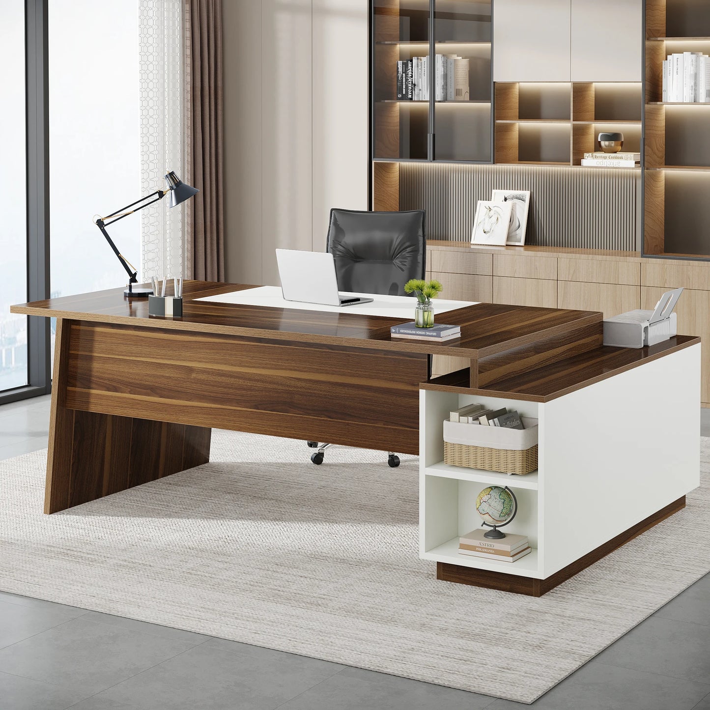 Tribesigns L-Shaped Executive Office Desk, 70.5-Inch Mid-Century Modern Executive Desk with Storage Cabinet and Shelves