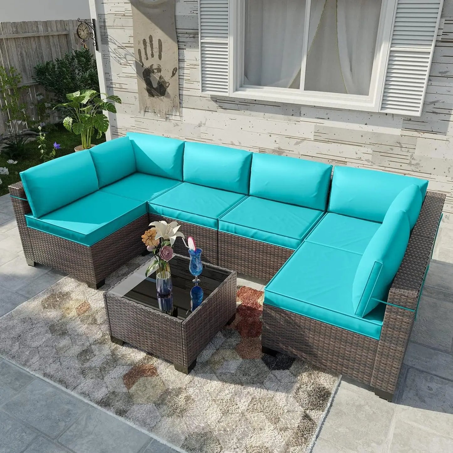 7 Pieces Outdoor Patio Furniture Set,Sectional Rattan Sofa Set Brown PE Rattan Wicker Patio Conversation Set with, Customized
