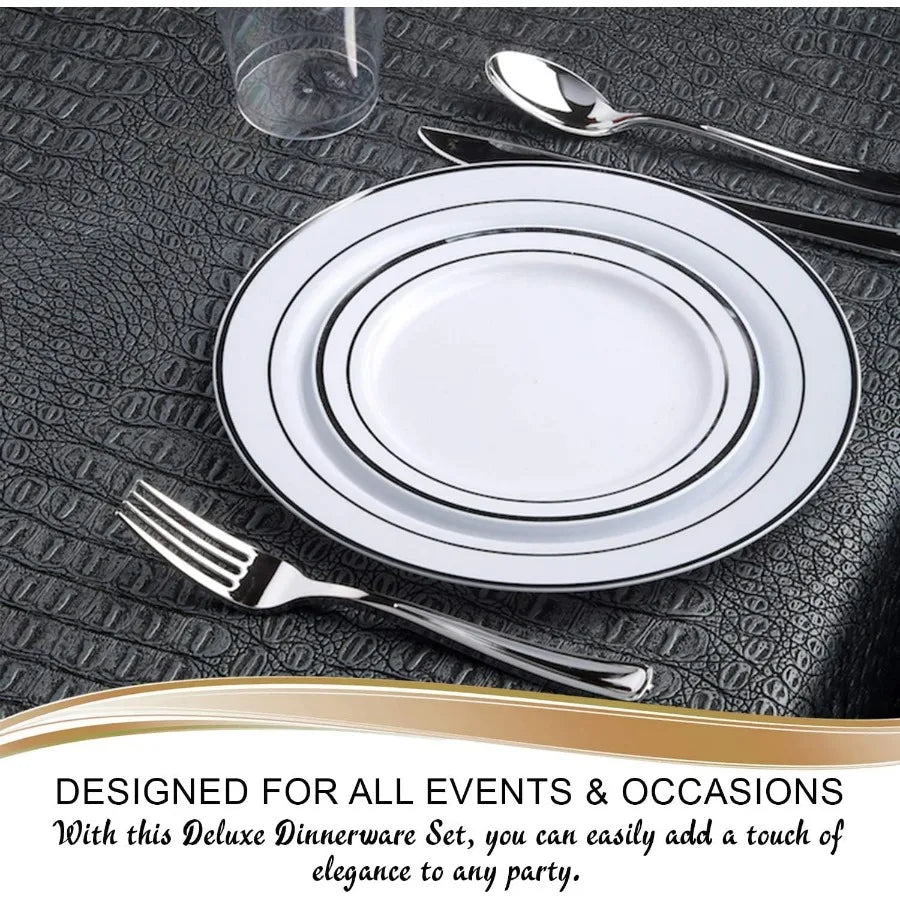 Set for 60 Guest White Elegant Plastic Plates Disposable with Silverware, Fancy Dinnerware for Weddings, Party & Holidays, Dinne