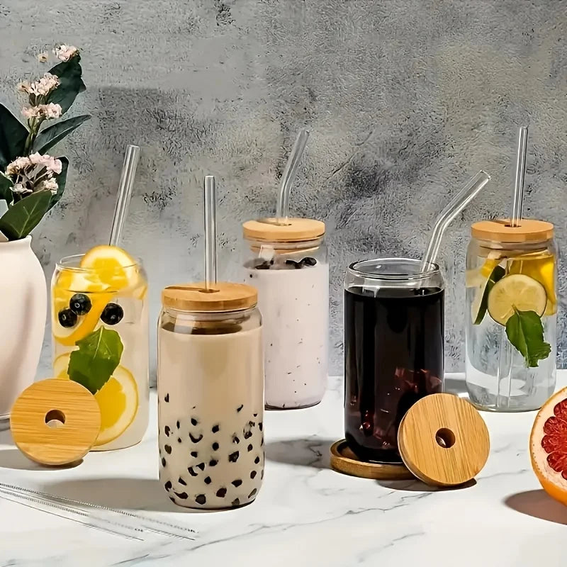 Drinking Glass Set With Bamboo Lids And Glass Straws 6 Piece 18.6 Oz Capacity For Everyday Use