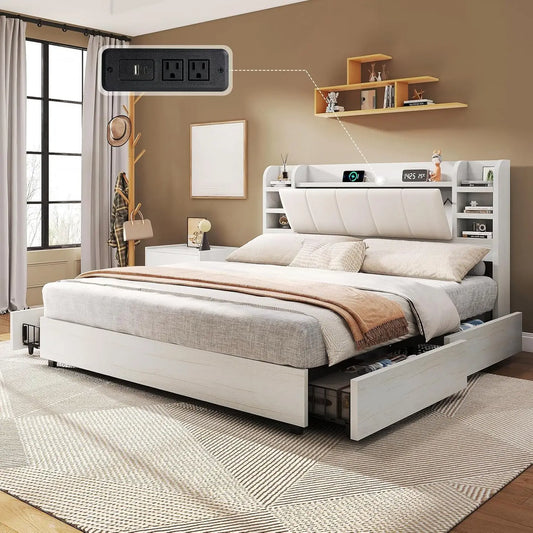 Storage Bed Frame With Charging Station And Bookcase Headboard With Hidden Storage Six Shelves Under Bed Storage