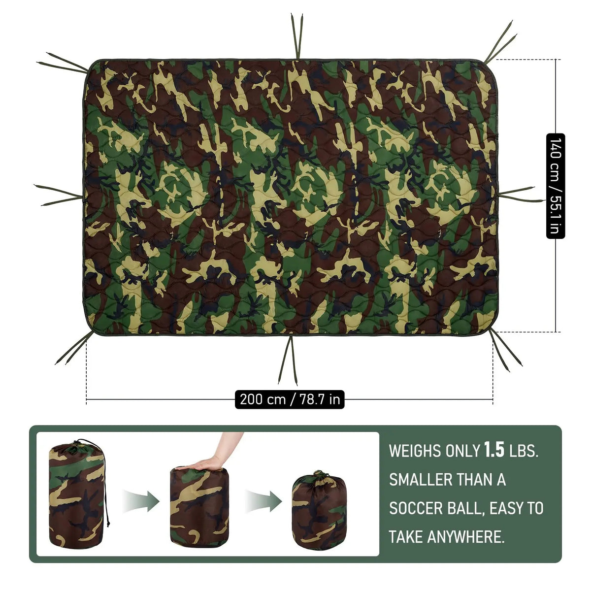 Portable Quilted Camping Blanket Green Camo Survival Poncho Liner】【。