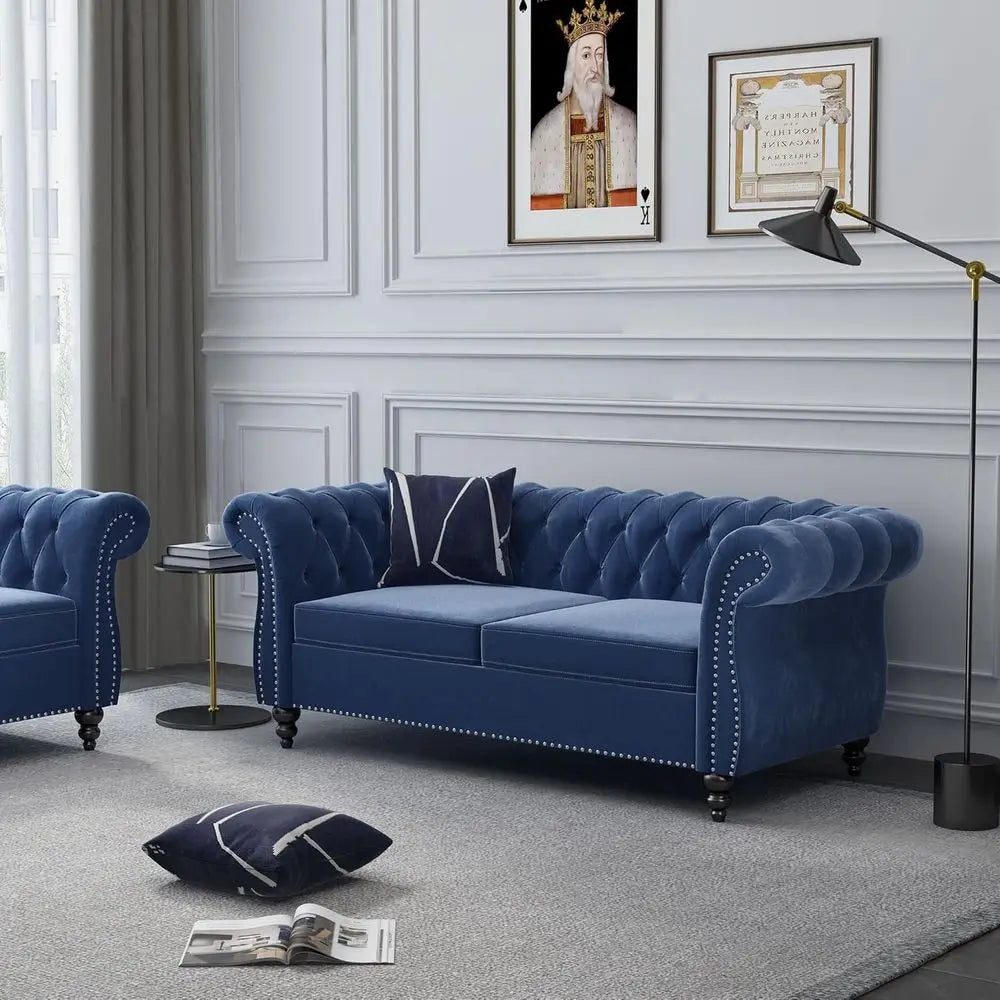Elegant Scroll Arm Loveseat and Sofa Set for Living Room and Den With Chesterfield Button Tufting and Nailhead Accents