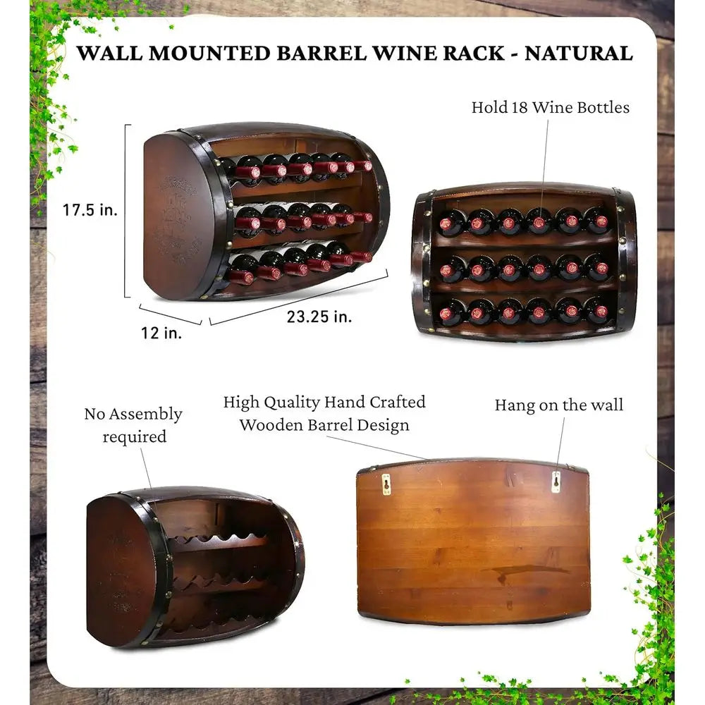 Mounted Wall Wine Rack - 18 Wine Bottles Wooden Barrel Wine Rack, Hanging or Freestanding Floor Wine Holder, Liquor Bar Shelves,