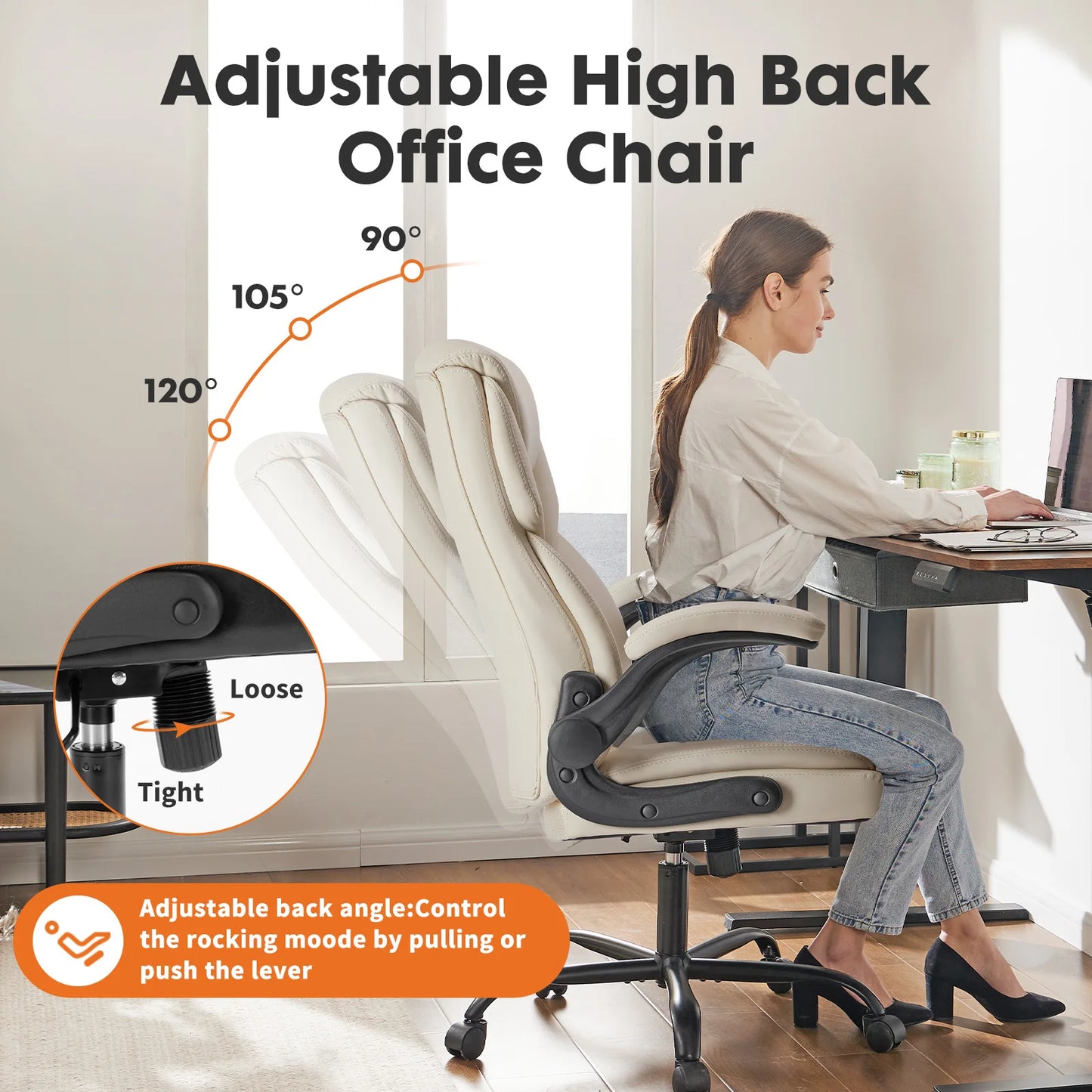 JHK Ergonomic Office Chair PU Leather Heavy Duty Task Chair With Flip Up Arms For Long Hours Comfort And Lumbar Support