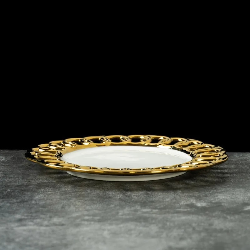 Gold Plated Hollow Out Ceramic Plate For Dining Table